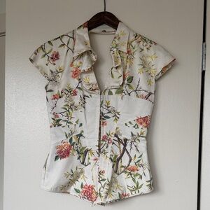 Just Cavalli Silk Floral Open Back Collared Corset Blouse